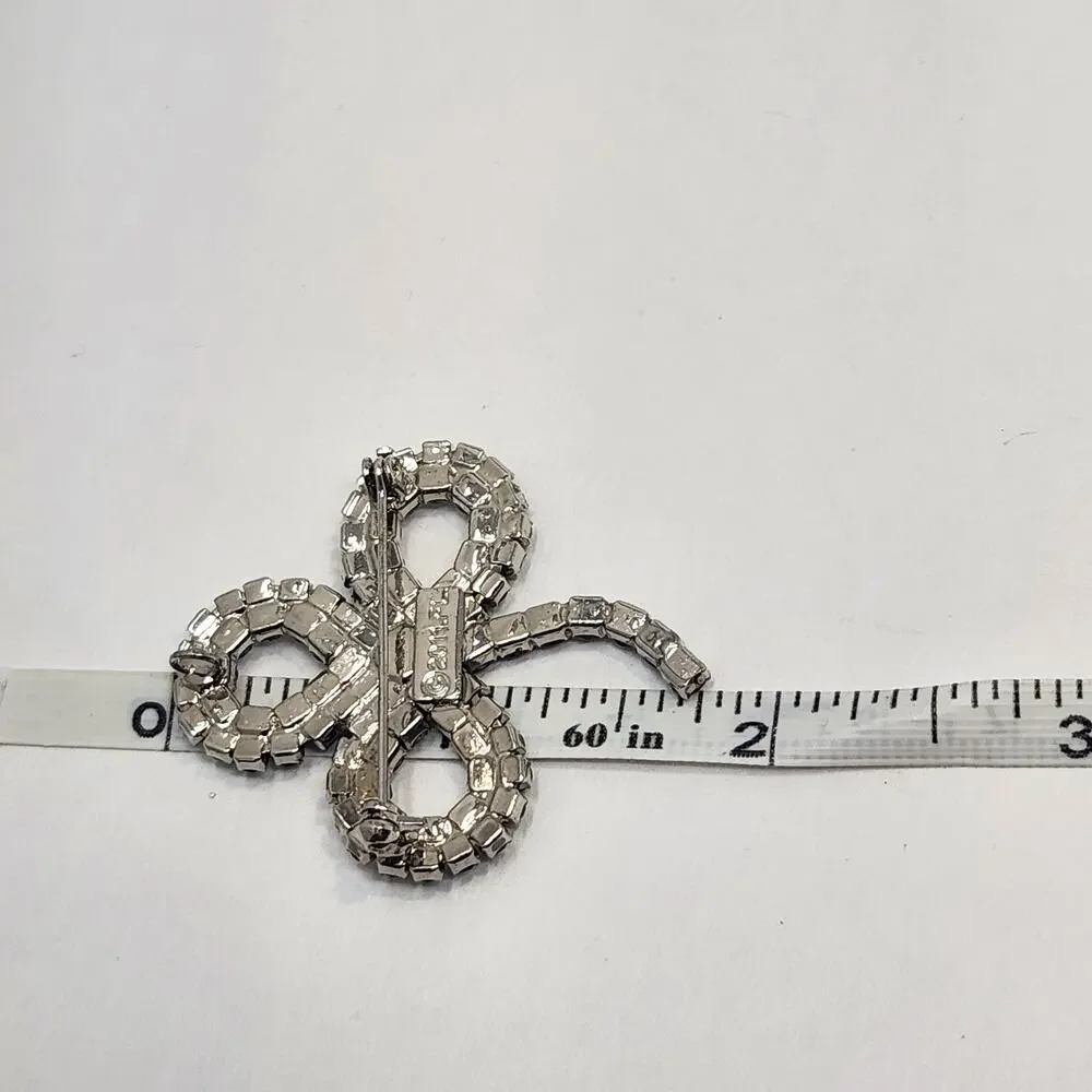 Shamrock Clover Green Clear Crystal Brooch Pin Signed FL 2011 Lucky Prong Set